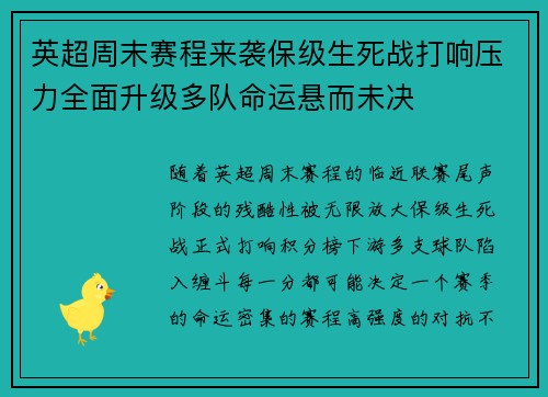 英超周末赛程来袭保级生死战打响压力全面升级多队命运悬而未决 英超周末赛程来袭保级生死战打响压力全面升级多队命运悬而未决
